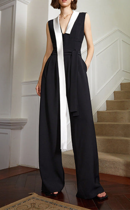 Sleeveless wide-leg jumpsuit with contrast lapel tie - Abrwy