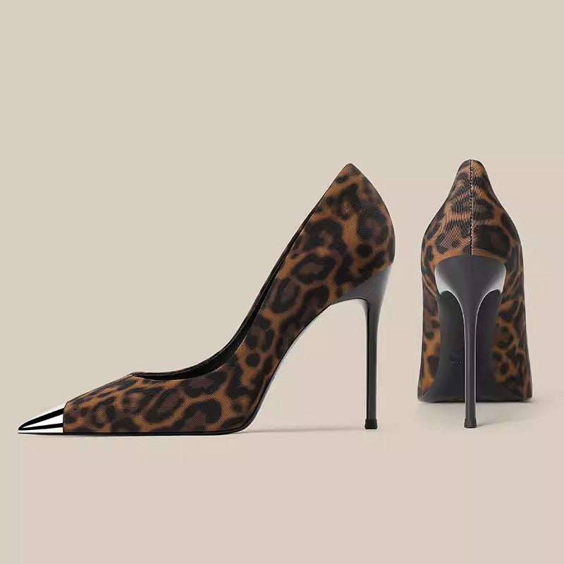 leopard print stiletto heels with metal cap toe - LUIYL