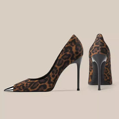 leopard print stiletto heels with metal cap toe - LUIYL