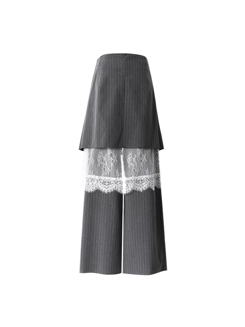 Pinstripe Pleated Pants with Lace Overlay - Durbi