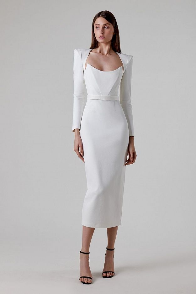 long sleeve midi dress with sculpted neckline – Adeyte