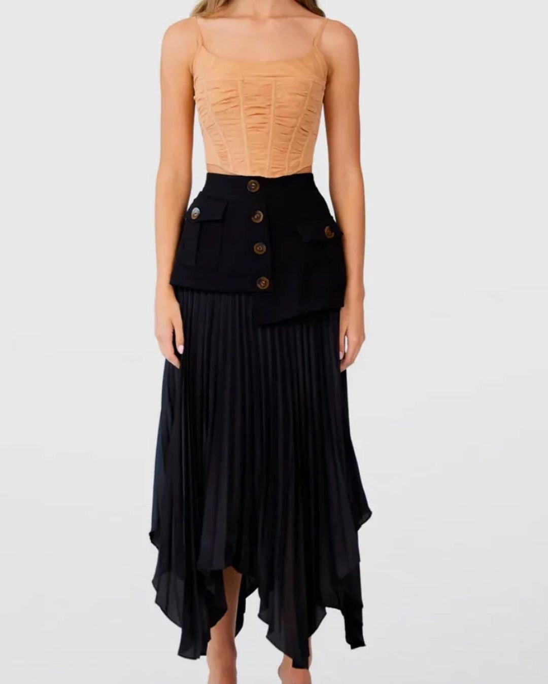 asymmetrical pleated midi skirt with pocket detail - Tibna