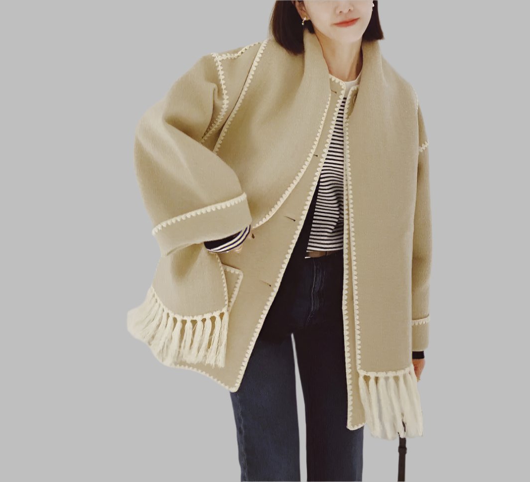 fringed cape jacket with contrast trim – Teghan
