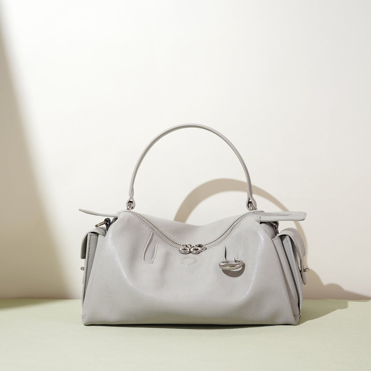 soft-structured zip satchel with curved handle - LUNETRE