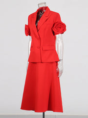 Short-sleeve blazer skirt set with 3D floral sleeves – Senfera