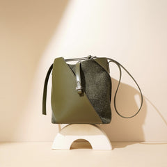 asymmetrical bucket bag with felt panel – SAGE