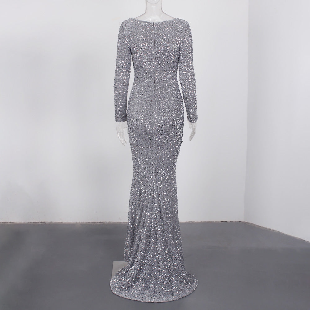 long-sleeve mermaid gown with silver sequins – Tieve