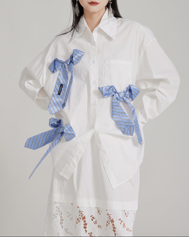 Oversized button-up shirt with striped ribbon accents - Zundi