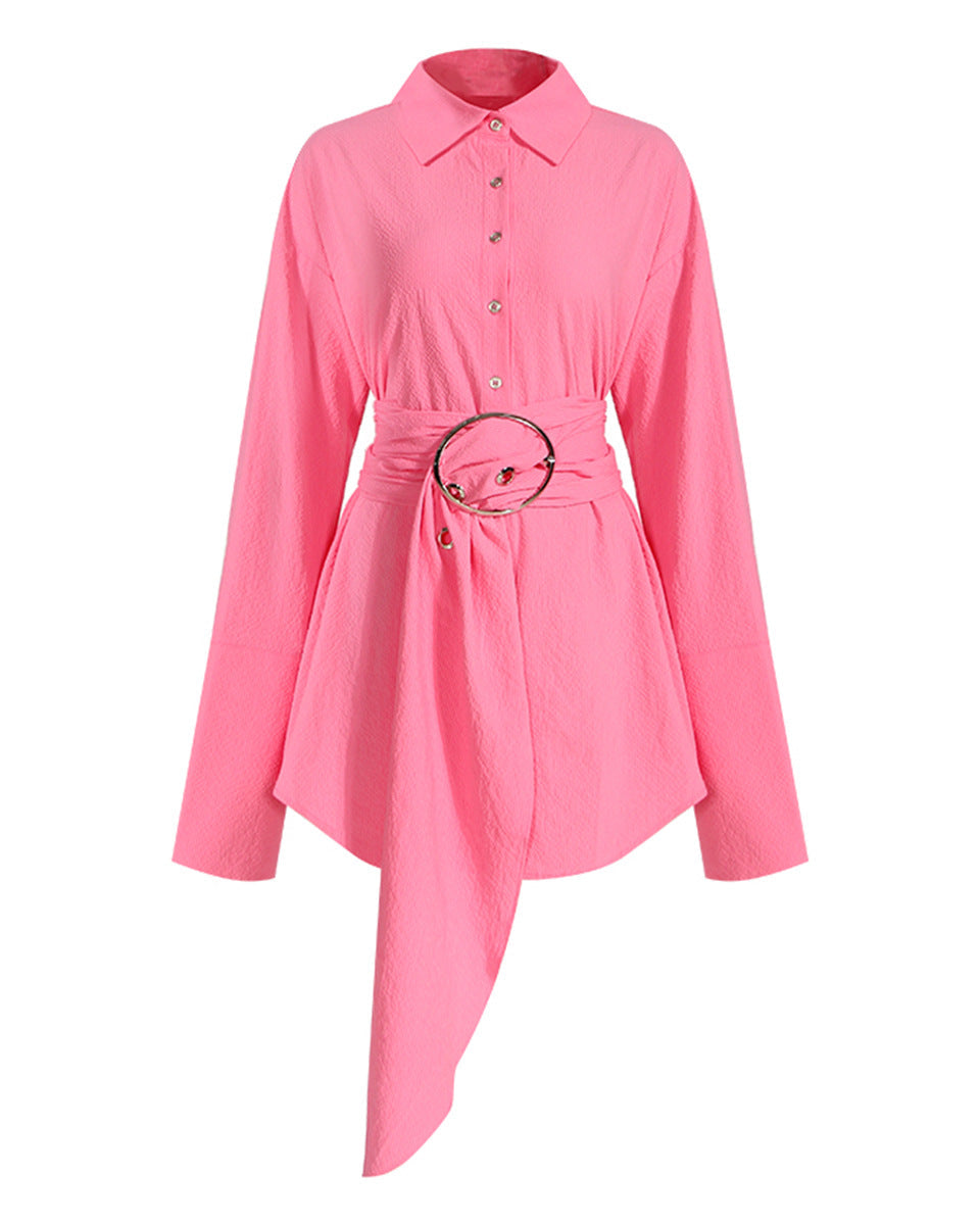 Long sleeve button-up shirt with asymmetrical belt - Anruly