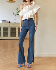 High-rise flared denim pants with front seam - Rertu