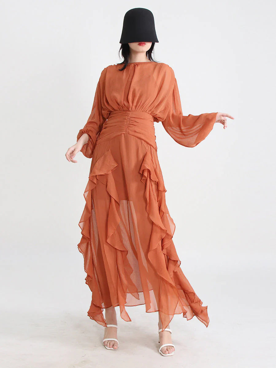 sheer ruffle-trim gown with draped bodice – Aanakec
