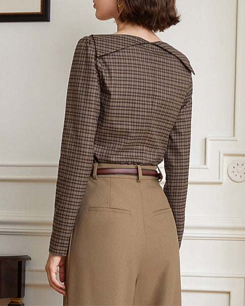 Long-sleeve plaid blouse with angular collar - Vituli