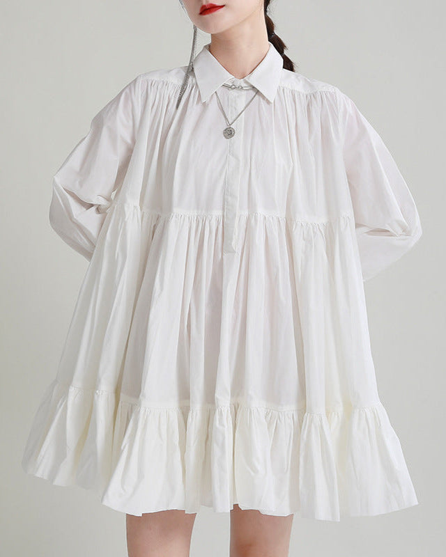long-sleeve ruffle mini dress with shirt collar - REINAX