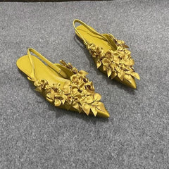 black satin slingback flats with 3D floral appliqué – NOIRIA