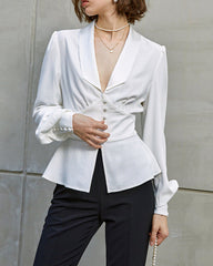 Fitted satin shirt with shawl lapel and button front – Vutni