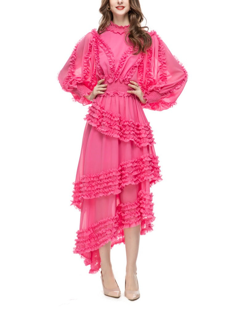ruffled asymmetrical chiffon dress in emerald – Tharisha