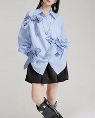 Oversized button-up shirt with striped ribbon accents - Zundi