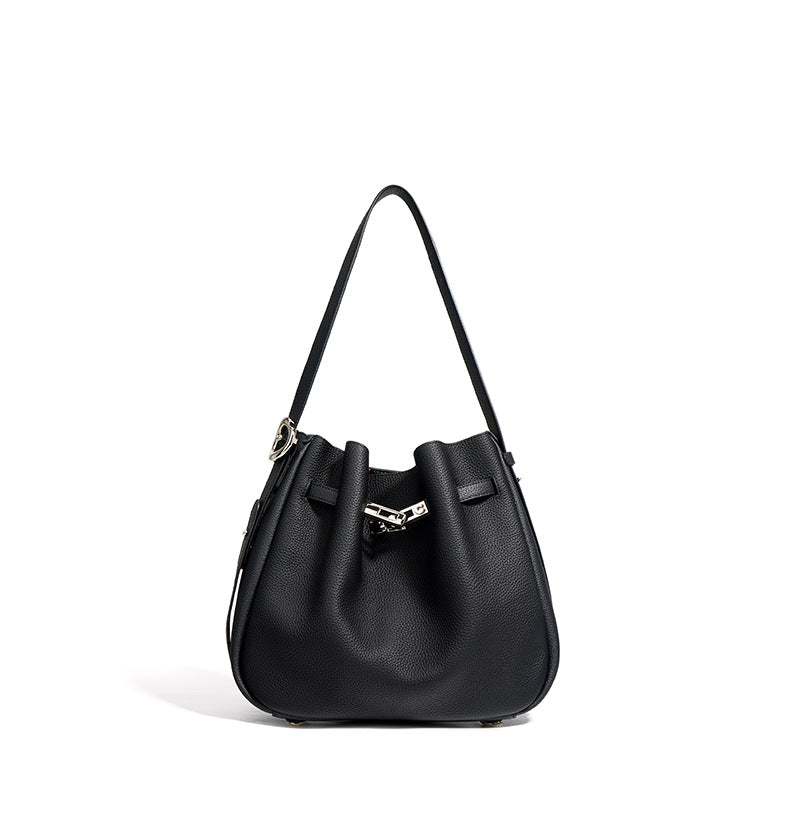 textured leather bucket bag with turn-lock strap – CAMELIA