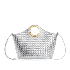 woven leather tote with circular metal handle - ARYAX