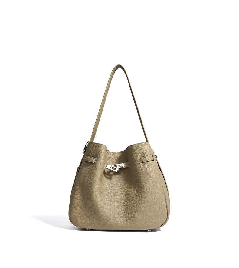 textured leather bucket bag with turn-lock strap – CAMELIA