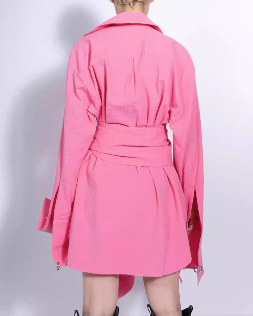 Long sleeve button-up shirt with asymmetrical belt - Anruly