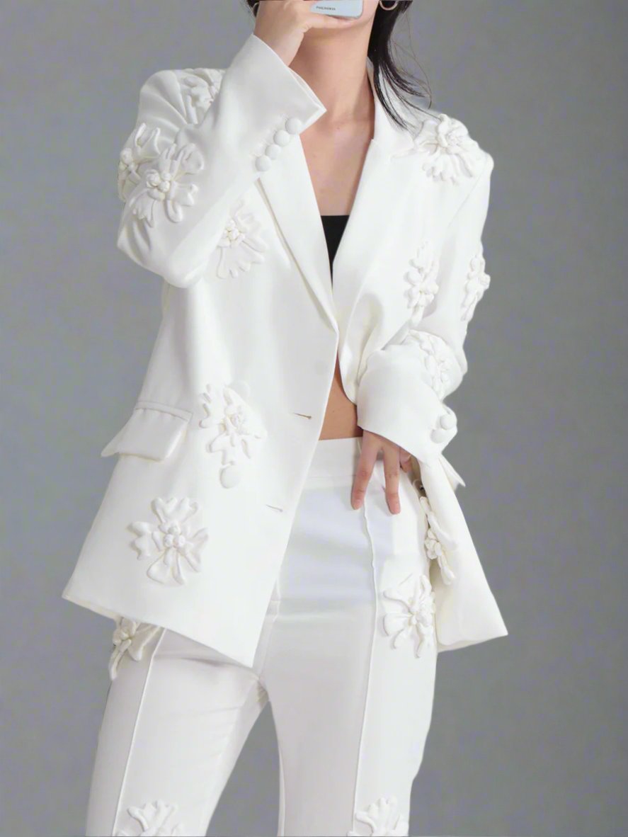 floral applique double-breasted blazer and flared pants set - GHOOTER