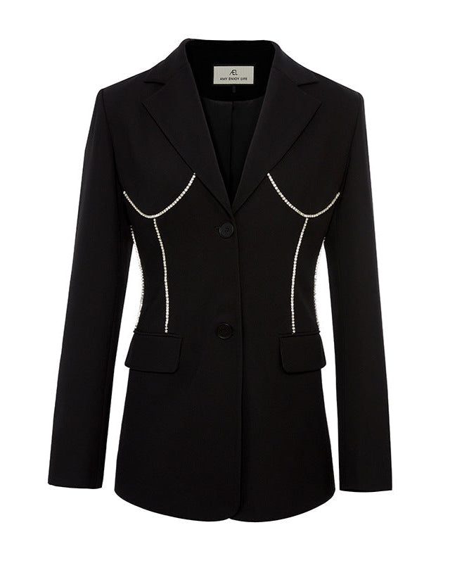 Tailored blazer with rhinestone contour details – Negru