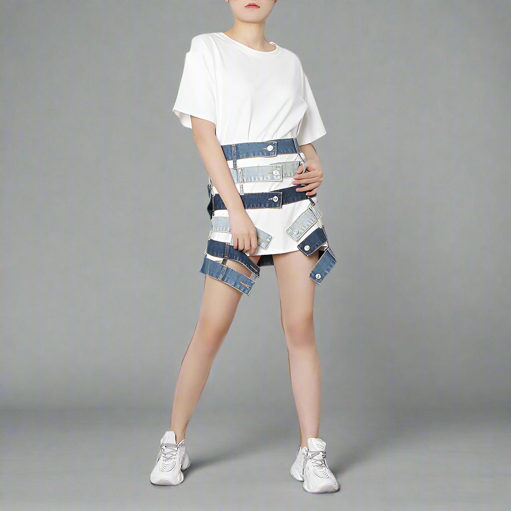 patchwork denim waist belt skirt - Talikha