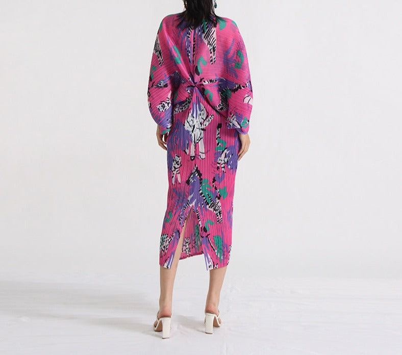 pleated midi dress with vibrant animal print – Tikia