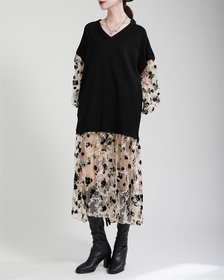 V-neck overlay dress with floral mesh layers – AMAXA