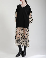 V-neck overlay dress with floral mesh layers – AMAXA