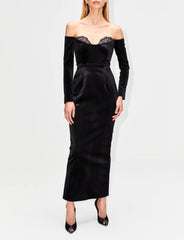 Off-shoulder velvet midi dress with lace trim – Gergana