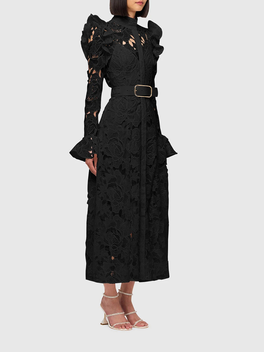 long-sleeve lace midi dress with belt – Tesoro