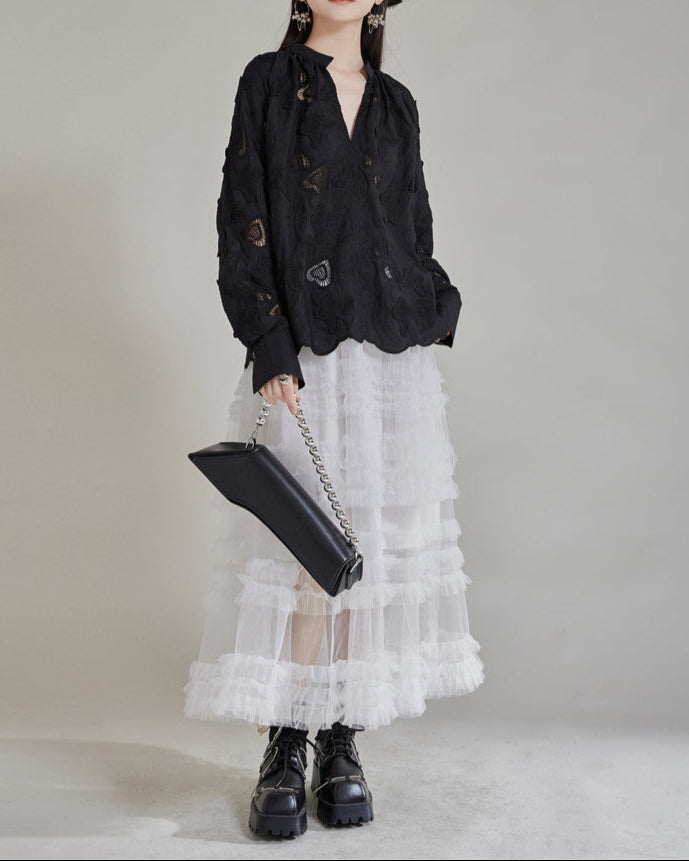 Lace embroidered oversized blouse with button-down front - Bisdy