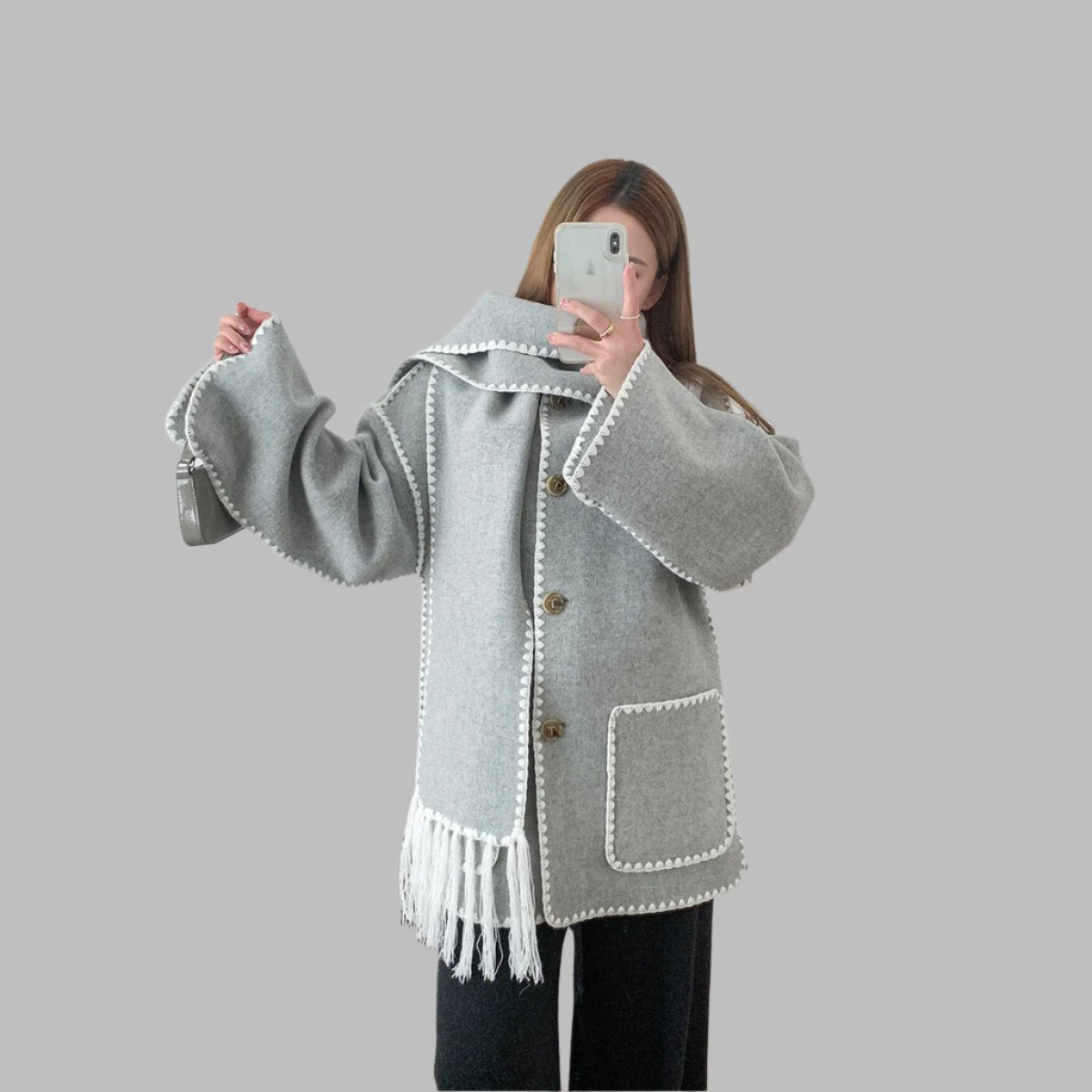 fringed cape jacket with contrast trim – Teghan