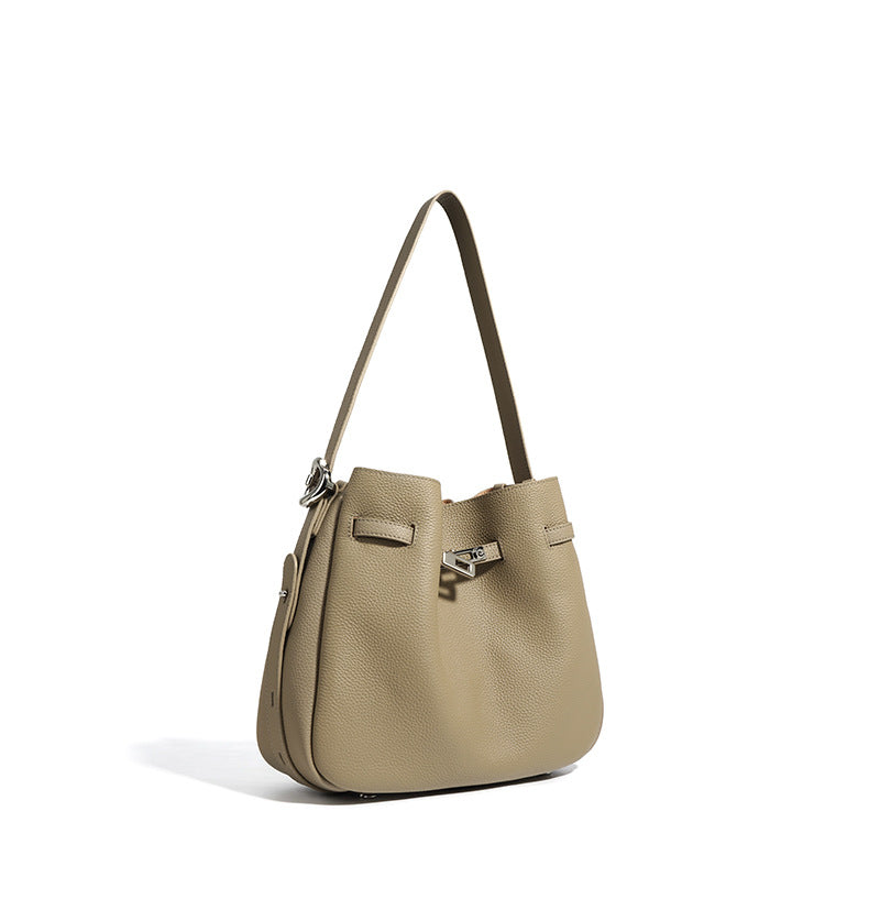 textured leather bucket bag with turn-lock strap – CAMELIA