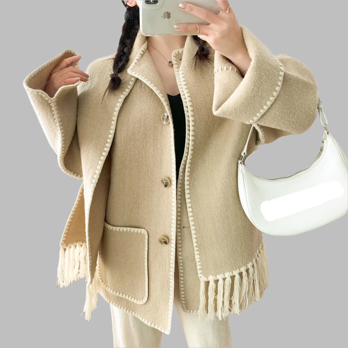 fringed cape jacket with contrast trim – Teghan