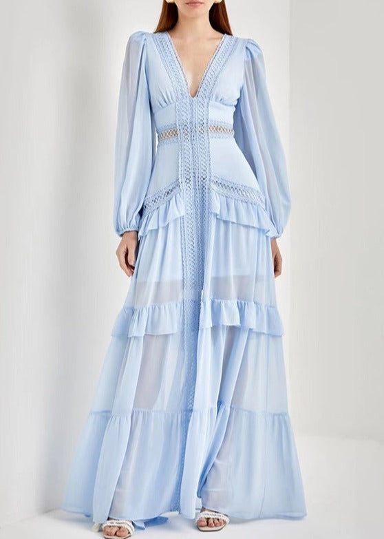 Tiered chiffon gown with crochet trim – Gennyfer
