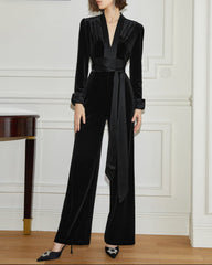 Velvet wide-leg jumpsuit with sash - Vundru