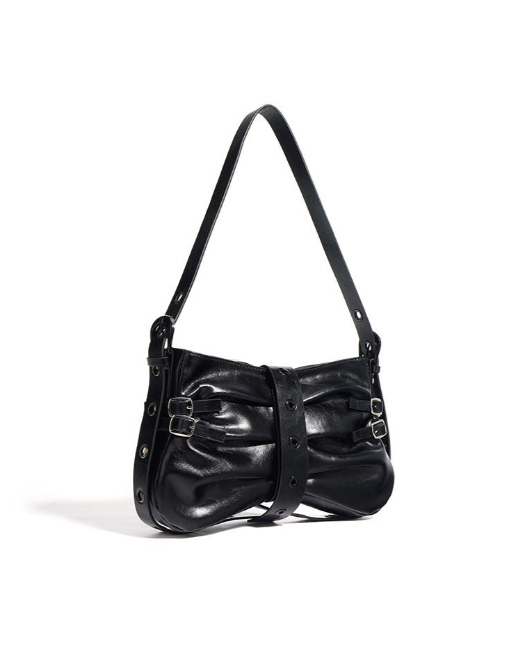 belted ruched shoulder bag with double buckle detail – ODETTEX