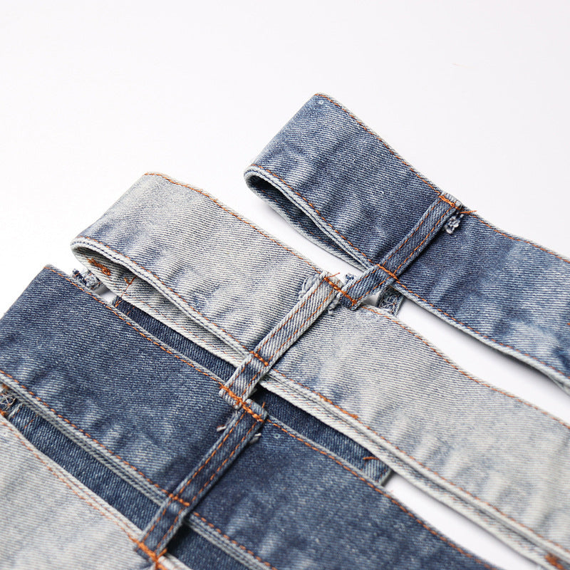 patchwork denim waist belt skirt - Talikha