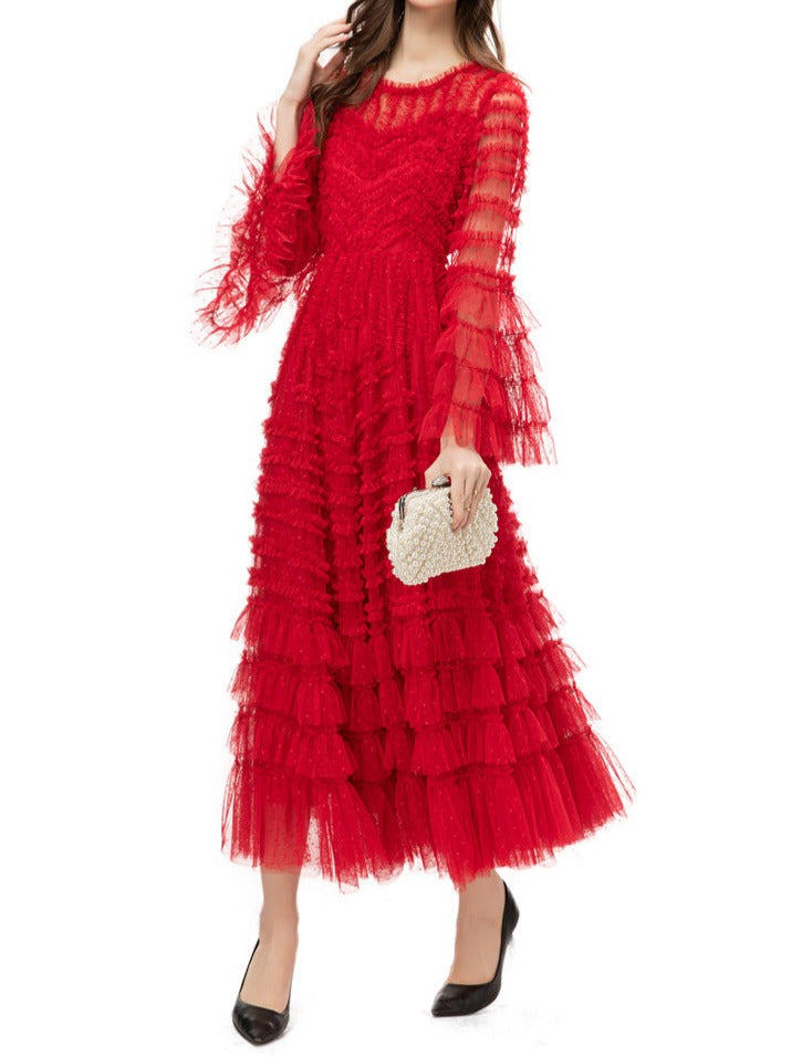 tiered ruffle tulle midi dress in monochrome – Ereshva