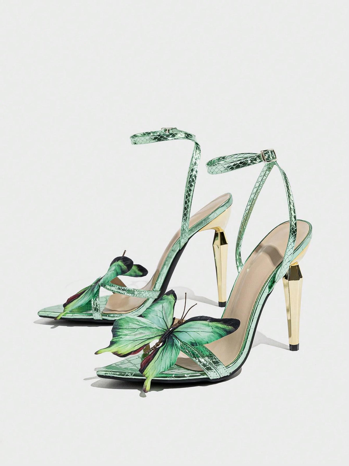green snake-print sandals with 3D butterfly appliqué – MARIPOSA