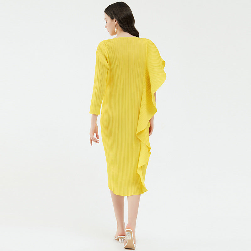 pleated midi dress with asymmetric ruffle – Ysabelle
