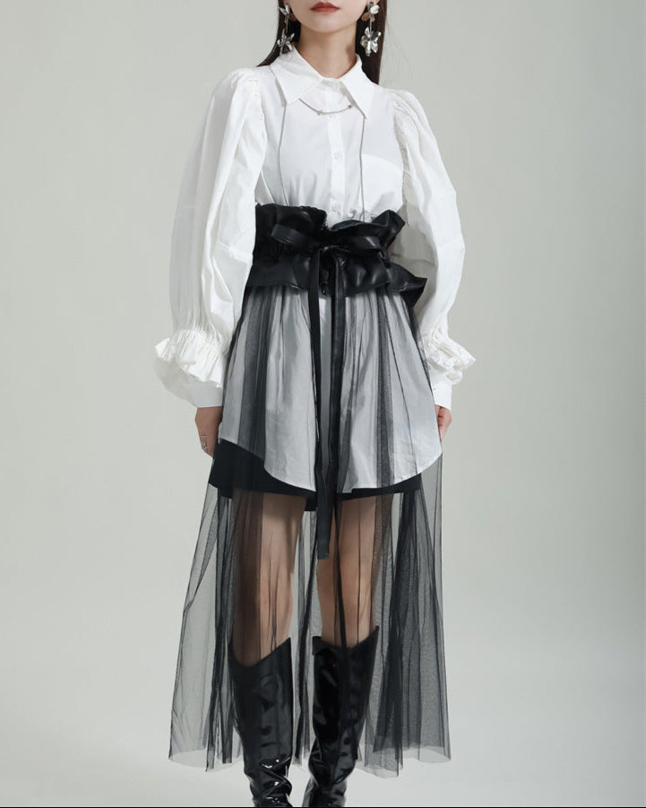 sheer tulle overlay skirt with voluminous shirt and corset belt - YUMI