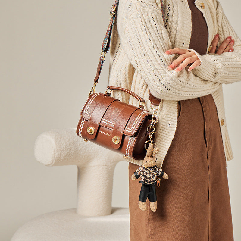pearl-trim leather satchel with double clasp & bunny charm – COCOA