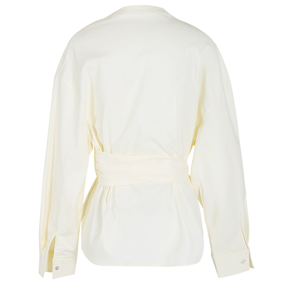 Asymmetrical belted long sleeve shirt - Kolru