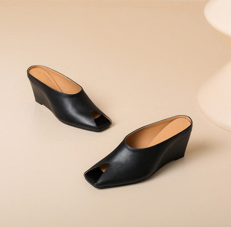 black leather wedge mules with open toe cutout – LUNARA
