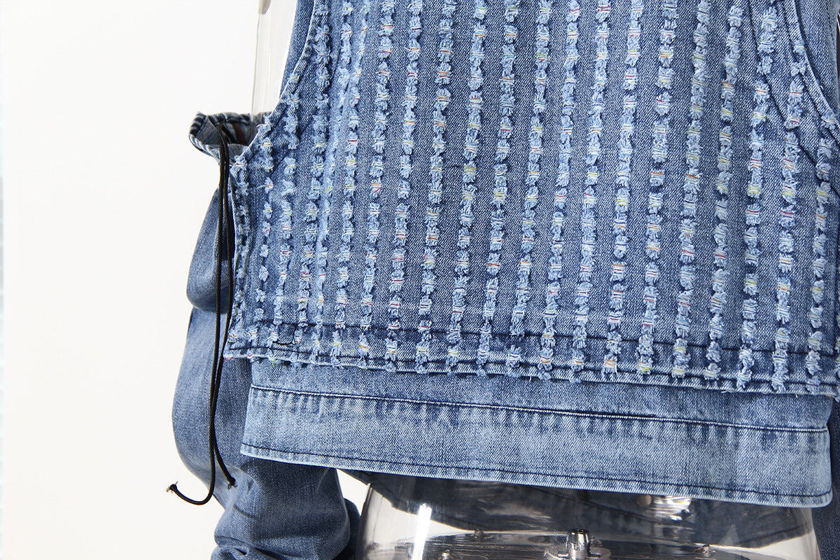 cold-shoulder embellished denim jacket with gathered sleeves – Klaew Kla