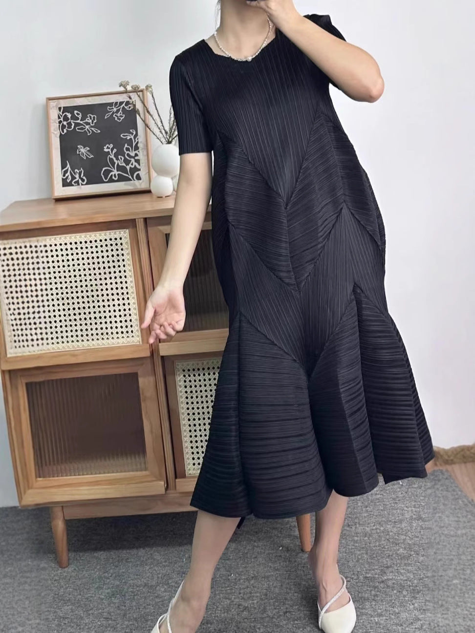 leated A-Line Midi Dress with Geometric Texture – SERENE